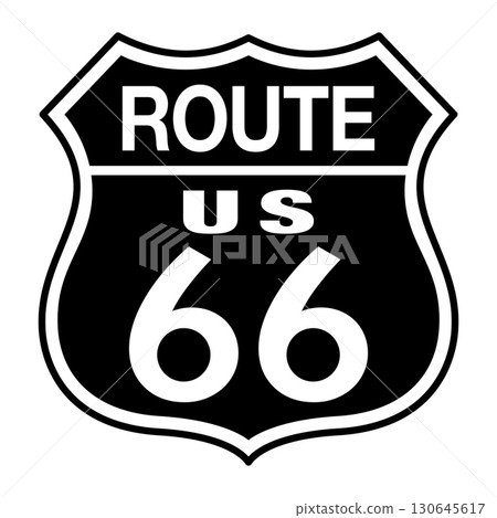 Shield of Route 66. Sign and classic representation of the Route 66 highway. U.S. Route 66, the Mother Road, a historic 2,400-mile highway that ran from Chicago, Illinois to Santa Monica, California. 130645617