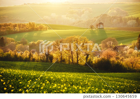 Idyllic rural landscape with an old mill. Location place of South Moravia, Czech Republic. 130645659