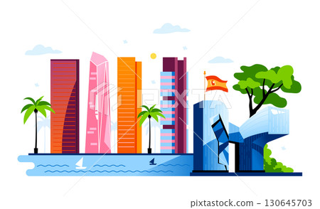Spanish modern architecture - colorful flat design style illustration 130645703