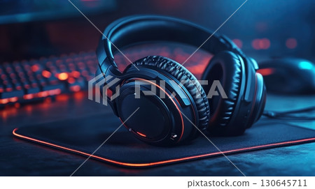 black gaming headphones resting on a dark mousepad black gaming headphones resting on a dark mousepad 130645711
