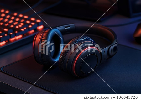 black gaming headphones resting on a dark mousepad black gaming headphones resting on a dark mousepad 130645726