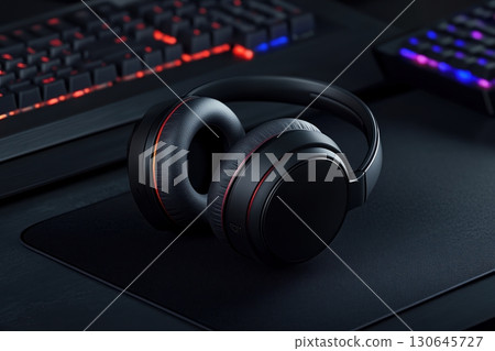 black gaming headphones resting on a dark mousepad black gaming headphones resting on a dark mousepad 130645727