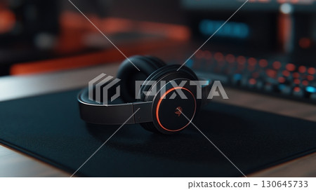 black gaming headphones resting on a dark mousepad 130645733