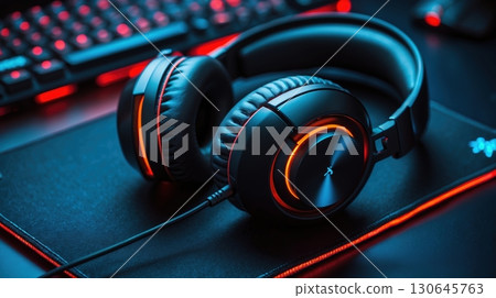 black gaming headphones resting on a dark mousepad black gaming headphones resting on a dark mousepad 130645763