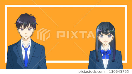 高中或初中男孩和女孩的動漫風格插圖,學校品味,顏色背景,有可用的複印空間 高中或初中男孩和女孩的動漫風格插圖,學校品味,顏色背景,有可用的複印空間 130645765