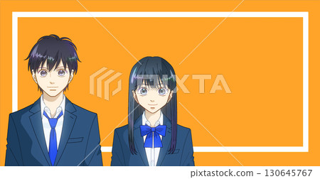 Anime-style illustration of high school or junior high school boys and girls, school taste, color background, copy space available 130645767