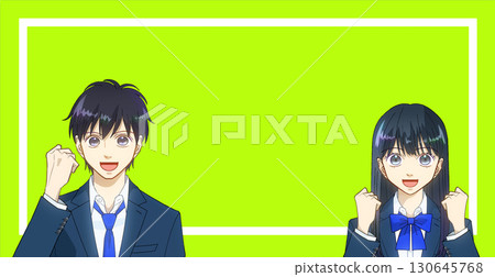 Anime-style illustration of high school or junior high school boys and girls, school taste, color background, copy space available 130645768