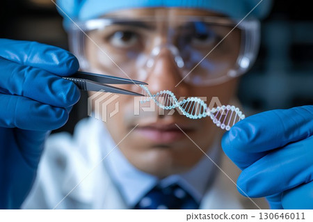 Scientist in lab coat examining dna model with tweezers, genetic research in modern laboratory setting 130646011