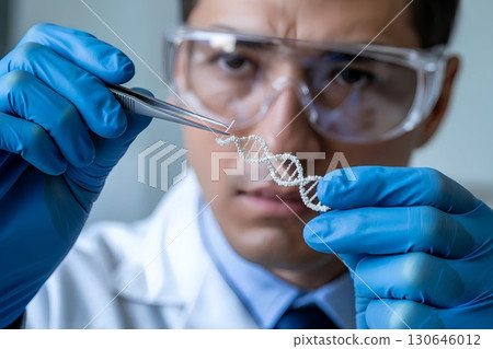 Scientist in lab coat examining dna model with tweezers, genetic research in modern laboratory setting 130646012
