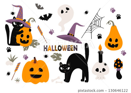 Cute Scary Halloween set. Black Cat In Witch Hat with Pumpkin jack o lantern, treat and Spooky Ghost, skull, spider, web, Bones, candle, bat and creepy mushroom. Isolated Vector illustration. Not AI 130646122