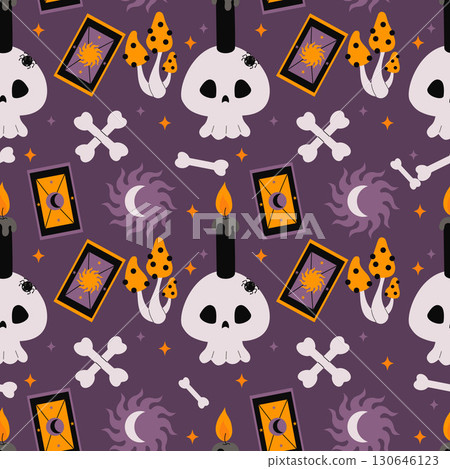 Witchcraft Seamless pattern. Mystic Skull with Candle, Spider, Tarot Cards, Bones Magic Mushrooms on purple background. Vector illustration for Halloween design, packaging, wallpaper, textile. Not AI 130646123