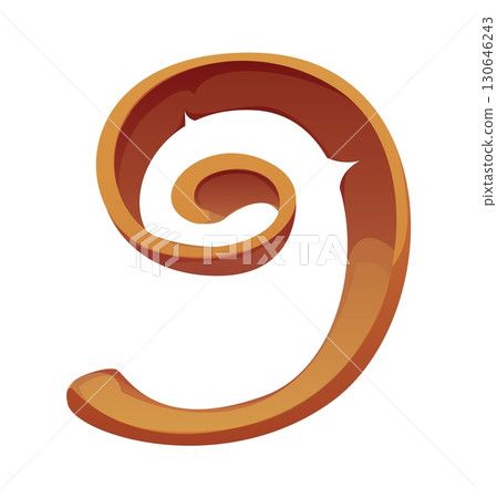 Cartoon pirates font or Caribbean corsairs typeface numbers, vector type. Pirate ship font number 9 Nine in shape of wood shaving for marine seafaring or shipbuilding and sailing adventure typeface 130646243