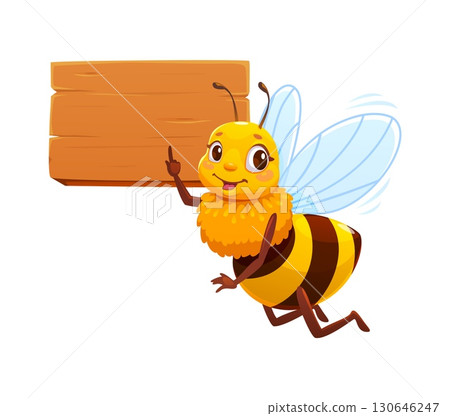 Cartoon honey bee character pointing on wooden sign board with raised finger. Cheerful vector bee insect with big eyes, smiling face transparent wings and fluffy body taking attention for message 130646247