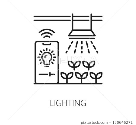 Smart farm icon, farmer agriculture robot technology of lighting for plants crop, vector line symbol. Smart farm icon of plantation lighting for agronomy and farming with digital automation control Smart farm icon, farmer agriculture robot technology of lighting for plants crop, vector line symbol. Smart farm icon of plantation lighting for agronomy and farming with digital automation control 130646271