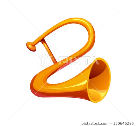 Cartoon number two musical font symbol as a trumpet, music instrument typeface, entertainment funny type, alphabet. Isolated vector digit 2 as a musician horn, abc character, art typography 130646286
