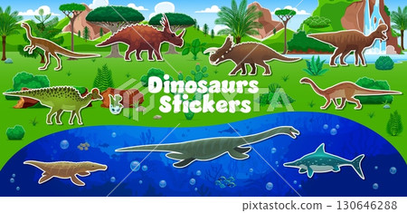 Cartoon prehistoric dinosaur characters stickers pack. Vector terrain dino and marine reptiles on green jungle and underwater backgrounds. land herbivores, aquatic creatures, tropical trees, waterfall 130646288