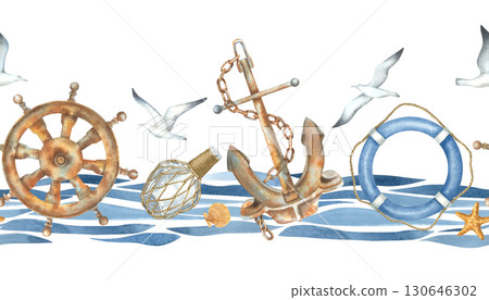 Seamless horizontal border with life preserver, rusty anchor, helm, stasrfish and seagulls. Hand drawn watercolor illustration with marine theme attributes on abstract blue waves. Nautical design. 130646302