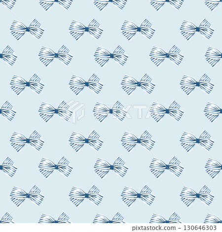 Seamless pattern with coquette white ribbon bow with blue stripes. Hand drawn watercolor illustration of accessory on blue background. Backdrop for wrapping paper, packaging, wallpaper, phone case. Seamless pattern with coquette white ribbon bow with blue stripes. Hand drawn watercolor illustration of accessory on blue background. Backdrop for wrapping paper, packaging, wallpaper, phone case. 130646303