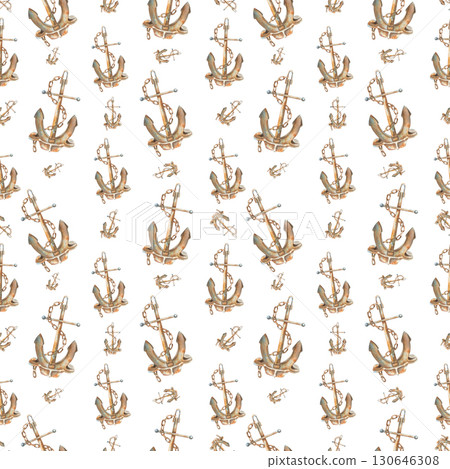 Rusty anchors wrapped in chain. Hand drawn watercolor illustration. Seamless pattern on a white background. Marine theme attributes for fabric, textiles, wallpaper, wrapping paper. Nautical ornament. 130646308
