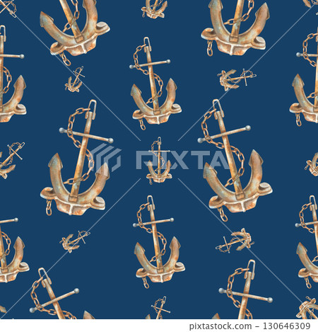 Rusty anchors wrapped in a chain. Hand drawn watercolor illustration. Seamless pattern on a navy background. Marine theme attributes for fabric, textiles, wallpaper, wrapping paper. Nautical ornament. 130646309