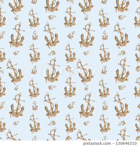 Rusty anchors wrapped in chain. Hand drawn watercolor illustration. Seamless pattern on a blue background. Marine theme attributes for fabric, textiles, wallpaper, wrapping paper. Nautical ornament. 130646310