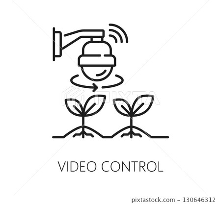 Smart farm video control, agriculture technology thin line icon. Food industry digital technology outline vector icon, smart farm automation linear symbol or sign with seedlings and 360 view camera Smart farm video control, agriculture technology thin line icon. Food industry digital technology outline vector icon, smart farm automation linear symbol or sign with seedlings and 360 view camera 130646312