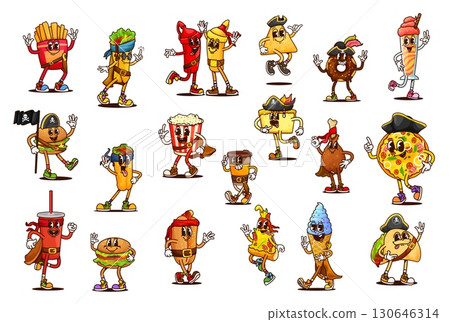 Cartoon groovy fast food pirate and corsair characters with captain hats. Vector retro groovy pizza, burger, soda and hot dog, y2k ice cream, fries, taco and burrito, coffee and donut personages 130646314