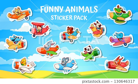 Stickers pack of animal pilots on planes. Cartoon vector cute bunny, koala, panda, bear, and monkey, tiger, dog, bird or giraffe. Crocodile, elephant and zebra, flying in airplanes across a blue sky Stickers pack of animal pilots on planes. Cartoon vector cute bunny, koala, panda, bear, and monkey, tiger, dog, bird or giraffe. Crocodile, elephant and zebra, flying in airplanes across a blue sky 130646317