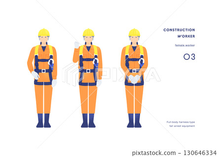 A woman wearing a full harness A worker showing confidence with a fist pump and a pose with hands on hips A woman wearing a full harness A worker showing confidence with a fist pump and a pose with hands on hips 130646334