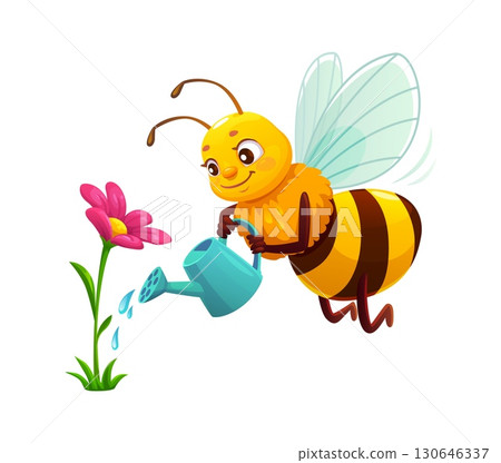 Cartoon cheerful honey bee character watering blooming pink flower with a watering can. Vector playful and cute honeybee insect personage conveying care, nature, growth and environmental friendliness 130646337
