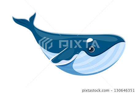 Cartoon whale ocean underwater animal character. Big blue whale cute cheerful personage, ocean wildlife and sea fauna isolated vector childish character or underwater mammal animal funny character 130646351