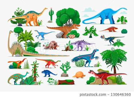 Cartoon dinosaurs characters and prehistoric jungle plants, vector dino animals and reptiles. Cute tyrannosaurus rex, carnotaurus, shansisuchus and diplodocus, anatotitan and dilophosaurus characters 130646360