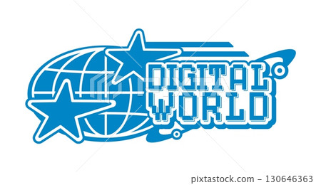 Digital world globe vintage Y2K icon or emblem. Tech company globe vintage vector emblem, worldwide business sign. Globus sphere Y2K icon or symbol with pixelated retro typography text and stars Digital world globe vintage Y2K icon or emblem. Tech company globe vintage vector emblem, worldwide business sign. Globus sphere Y2K icon or symbol with pixelated retro typography text and stars 130646363