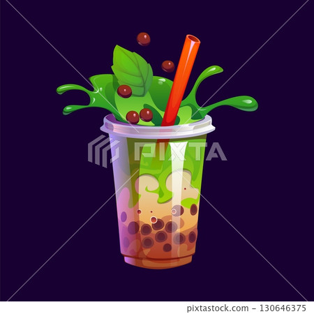 Peppermint milk bubble tea beverage cup. Fast food cafe sweet bubble tea drink vector glass, restaurant chocolate cartoon milkshake beverage, smoothie cocktail with mint leaf, green liquid splash 130646375