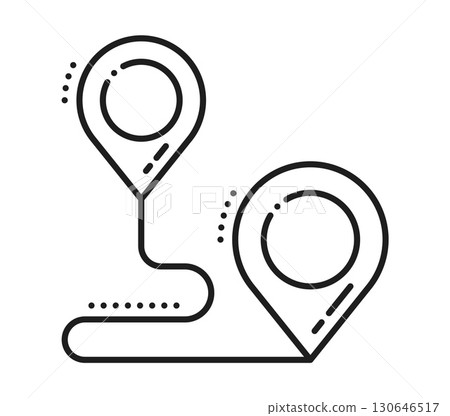 Trip destination, location point line icon or sign. Navigation marker linear vector pictogram, direction point outline icon. Travel location thin line sign or symbol with navigation route path 130646517