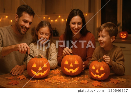 Happy family carving jack-o'-lanterns for halloween celebration. 130646537