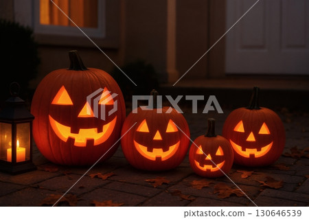 Spooky halloween jack-o'-lanterns on porch with warm glow and autumn leaves. 130646539