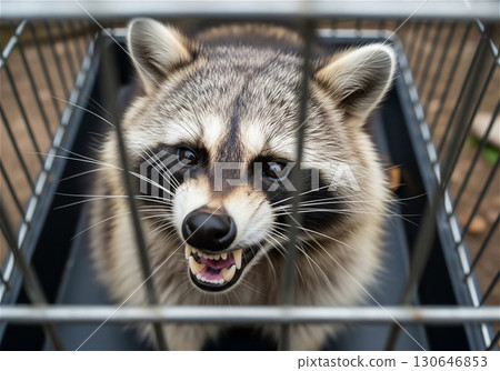 A captured raccoon baring its fangs in a threatening manner 130646853