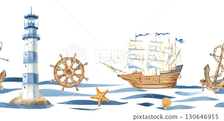 Seamless border with sailboat, lighthouse, anchor, steering wheel and simple abstract curved lines of ocean waves. Hand drawn watercolor illustration of marine themes attributes on isolated background 130646955