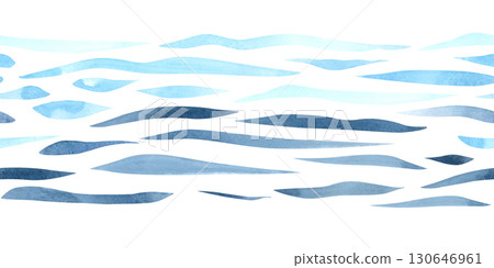 Seamless border with abstract blue waves, lines, stripes, stylized water. Hand drawn watercolor illustration of sea geometric print on white background. Chaotic drawing for textile, fabric, packaging. 130646961