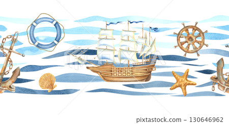Seamless border with sailboat, anchor, steering wheel, lifebuoy and simple abstract curved lines of ocean waves. Hand drawn watercolor illustration of marine themes attributes on isolated background. Seamless border with sailboat, anchor, steering wheel, lifebuoy and simple abstract curved lines of ocean waves. Hand drawn watercolor illustration of marine themes attributes on isolated background. 130646962