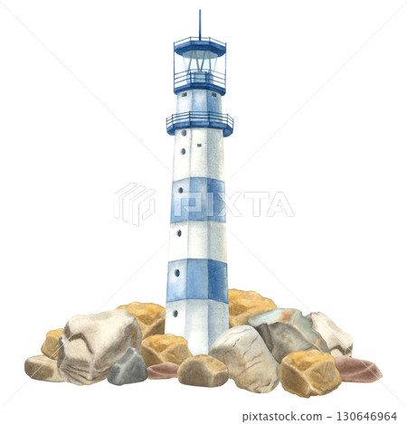 A blue and white lighthouse on sea cost with rocks. Hand drawn watercolor illustration of beacon on isolated background. Drawing for Baby shower design in nautical style. Marine landscape for poster. A blue and white lighthouse on sea cost with rocks. Hand drawn watercolor illustration of beacon on isolated background. Drawing for Baby shower design in nautical style. Marine landscape for poster. 130646964
