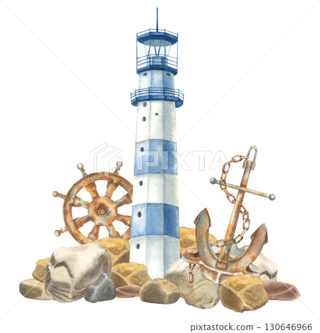 A blue lighthouse on sea cost with rocks, anchor and helm. Hand drawn watercolor illustration of beacon on isolated background. Drawing for design in nautical style. Marine landscape for poster. A blue lighthouse on sea cost with rocks, anchor and helm. Hand drawn watercolor illustration of beacon on isolated background. Drawing for design in nautical style. Marine landscape for poster. 130646966