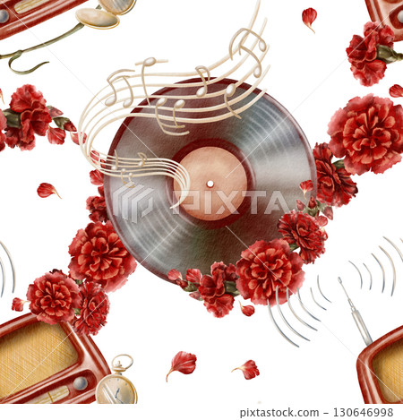 Carnation revolution symbols of vinyl record with old label,red carnation flowers,music stand with stylized beige-colored notes,vintage,nostalgic design with grooves.Hand drawn watercolor illustration 130646998
