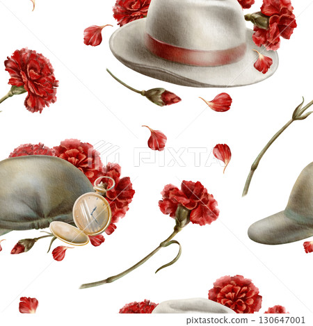 The 1974 Carnation Revolution in Portugal,where civilian hat and soldier beret became symbols of its peaceful tide,all unfolding among blossoms of red carnations.Watercolor seamless pattern 130647001