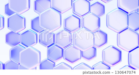 Abstract 3d background with holographic iridescent glass hexagon pattern. Geometric render honeycomb cell texture with purple blue gradient for medical science and technology design. 3D illustration 130647074