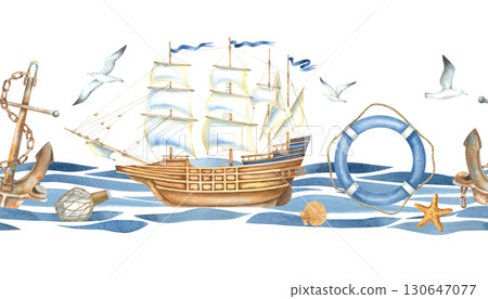 Seamless horizontal nautical border with sailboat, life preserver, rusty anchor and stasrfish. Hand drawn watercolor illustration with ship and marine theme attributes. Nautical ornament for design. Seamless horizontal nautical border with sailboat, life preserver, rusty anchor and stasrfish. Hand drawn watercolor illustration with ship and marine theme attributes. Nautical ornament for design. 130647077