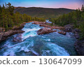 Pollfoss Waterfall on the Framruste Rive at Sunset near Billingdalen, Norway 130647099