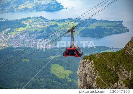 Aerial Cable Car Nearing Mount Pilatus Summit in Switzerland 130647193