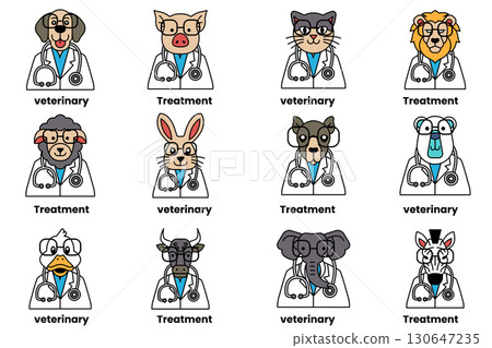 A series of cartoon animals wearing lab coats and glasses A series of cartoon animals wearing lab coats and glasses 130647235